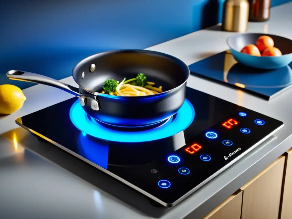 Inducción moderna: eficiencia y sofisticación en la cocina Una cocina de inducción moderna y elegante con controles táctiles, indicador LED azul y utensilios ordenados