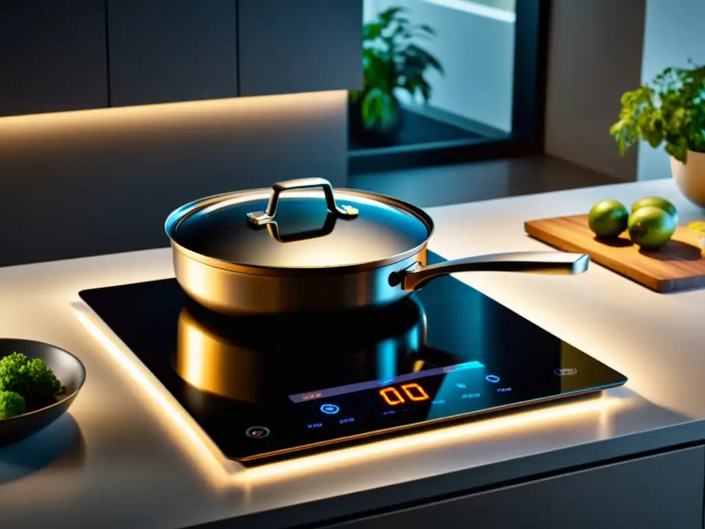 Inducción de cocina moderna: eficiencia y sofisticación Una cocina de inducción moderna y elegante con comparativa cocinas inducción vs gas