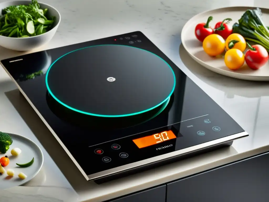 Cocina de inducción moderna: precisión y eficiencia Una cocina de inducción moderna y elegante con controles de temperatura precisos y una olla de verduras vibrantes
