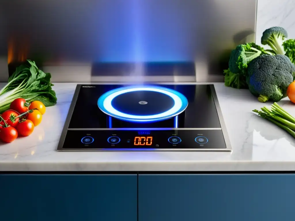 Cocina contemporánea con placa de inducción elegante y moderna Una cocina de inducción moderna y elegante en una cocina contemporánea con electrodomésticos de acero inoxidable y encimeras de mármol