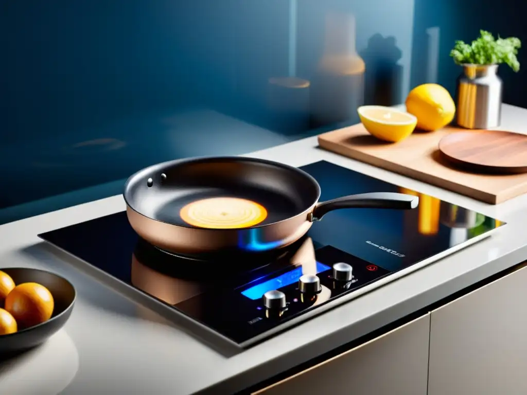 Cocina de inducción moderna y elegante en ambiente sofisticado Una cocina de inducción moderna y elegante iluminada con luz ambiental, con cocinas de inducción vs gas eficiencia perfectamente organizadas