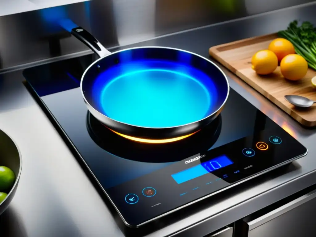 Sofisticada cocina de inducción con brillo azul Una cocina de inducción negra y moderna con controles retroiluminados, rodeada de utensilios de acero inoxidable y alimentos vibrantes