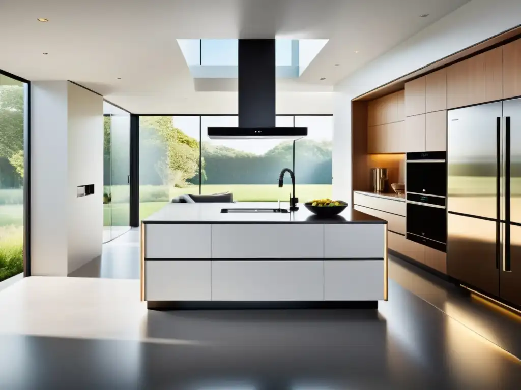 Kitchen inteligente y elegante con electrodomésticos conectados Una cocina inteligente con electrodomésticos conectados en un diseño moderno y minimalista, iluminada por luz natural