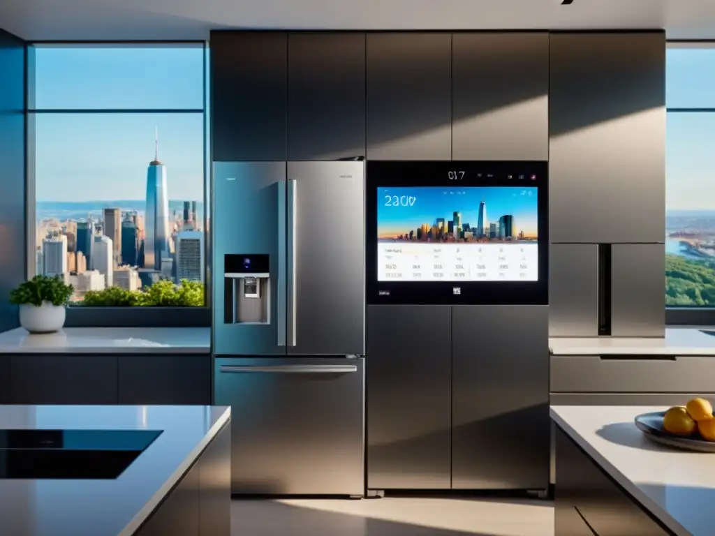 Smart kitchen futurista con voz y vigilancia sutil Una cocina inteligente moderna con dispositivos metálicos y control por voz