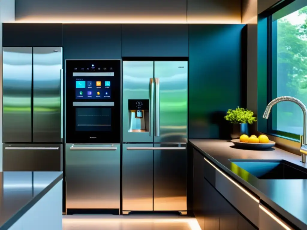 Cocina inteligente de diseño moderno con electrodomésticos conectados Una cocina inteligente y moderna con electrodomésticos de acero inoxidable conectados, creando un ambiente sofisticado y tecnológicamente avanzado