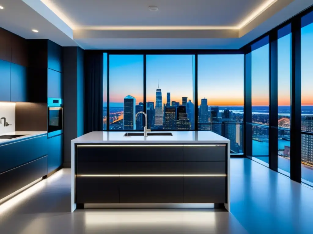 Cocina moderna con electrodomésticos de última generación Cocina de lujo con tecnología: electrodomésticos modernos, isla minimalista, encimera de cuarzo y vistas panorámicas a la ciudad
