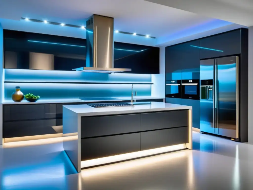 Cocina de lujo con tecnología integrada y diseño sofisticado Una cocina de lujo con tecnología, elegante y sofisticada, con iluminación cálida y diseño innovador