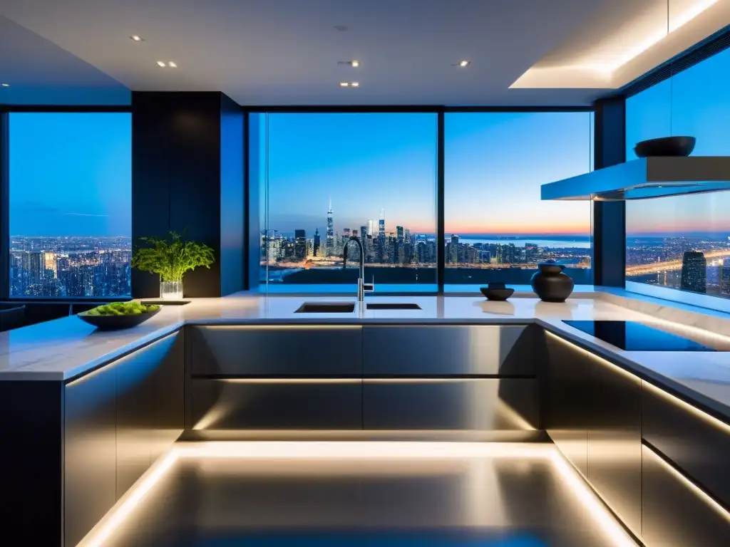 Cocina de lujo moderna con tecnología de vanguardia y diseño minimalista Cocina de lujo con tecnología integrada, diseño minimalista y vistas a la ciudad