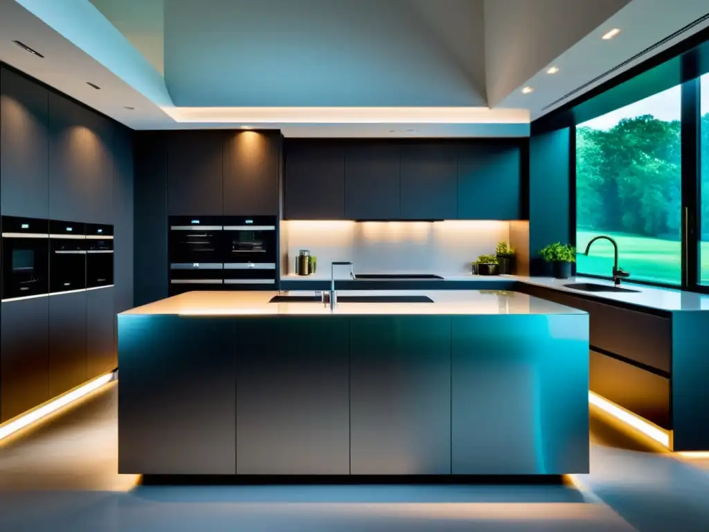Cocina de lujo moderna con tecnología integrada y vistas a la naturaleza Cocina de lujo con tecnología integrada, diseño minimalista, isla con cooktop y ventana con vista a la naturaleza