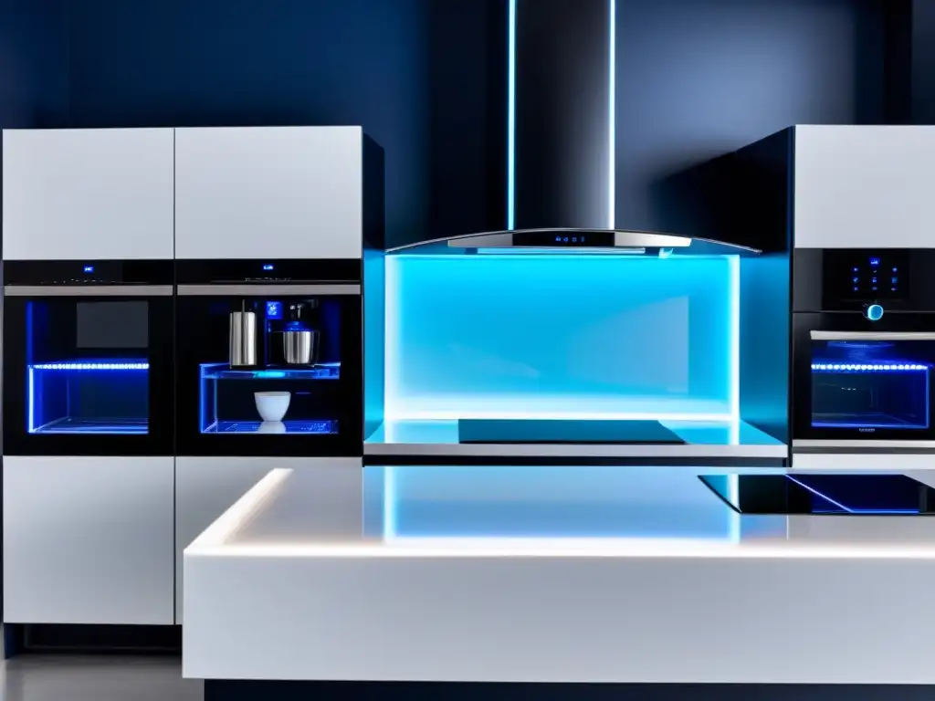 Cocina ultramoderna con electrodomésticos de acero inoxidable y luces LED Una cocina minimalista con electrodomésticos de diseño futurista, elegante y ultramoderna