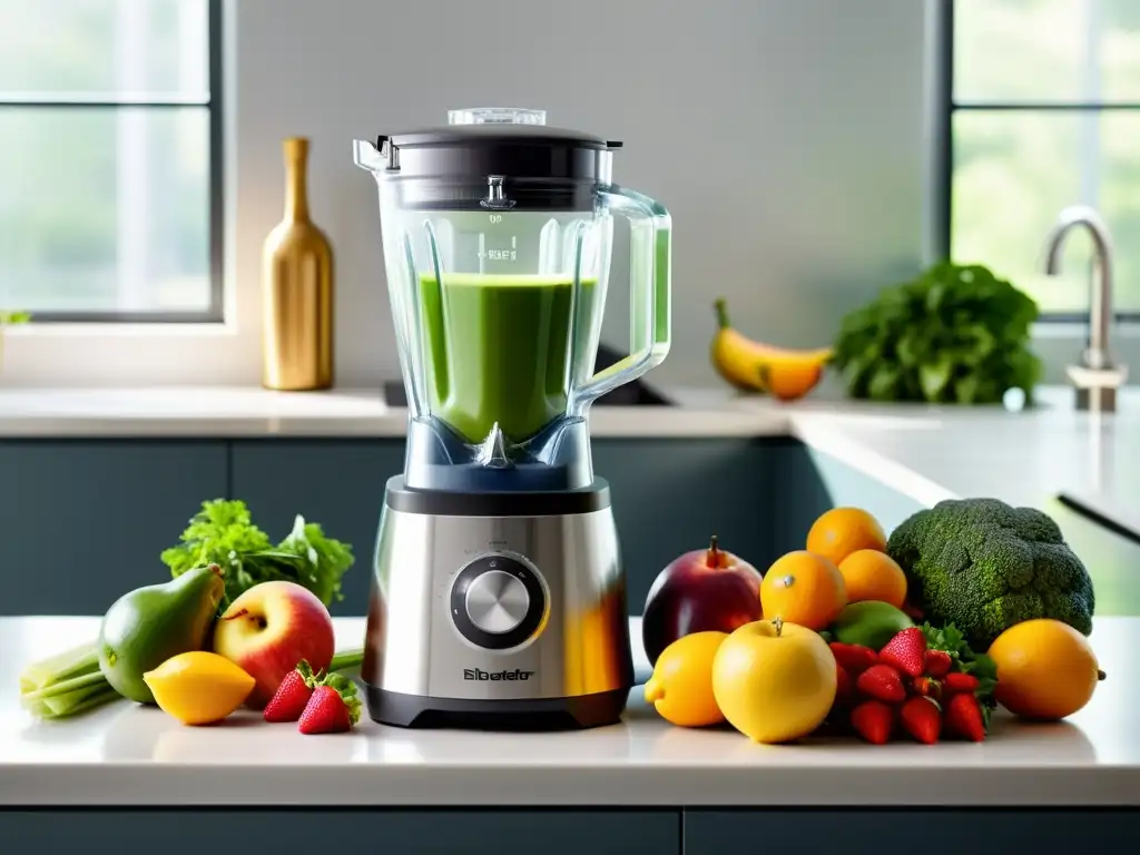 Batidora de alta velocidad: explosión de color y vitalidad en la cocina Una cocina minimalista con licuadora de alta velocidad en movimiento, llena de frutas y verduras coloridas