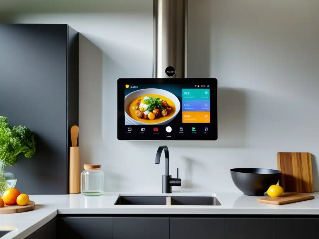 Display inteligente en cocina moderna: recetas HD y ambiente minimalista Smart display en cocina moderna, con app de recetas vibrante y utensilios de cocina elegantes