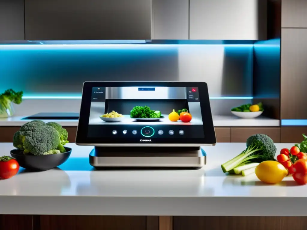 Cocina del futuro: Asistente de cocina de alta tecnología en acción Una cocina moderna con un asistente de cocina de alta tecnología cortando verduras con precisión