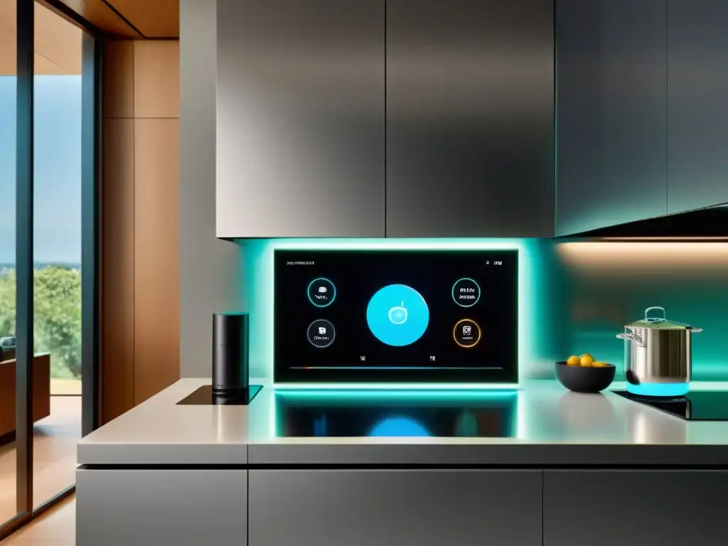 Cocina moderna con asistente inteligente integrado y receta holográfica Una cocina moderna con asistente integrado en la encimera, mostrando una receta holográfica