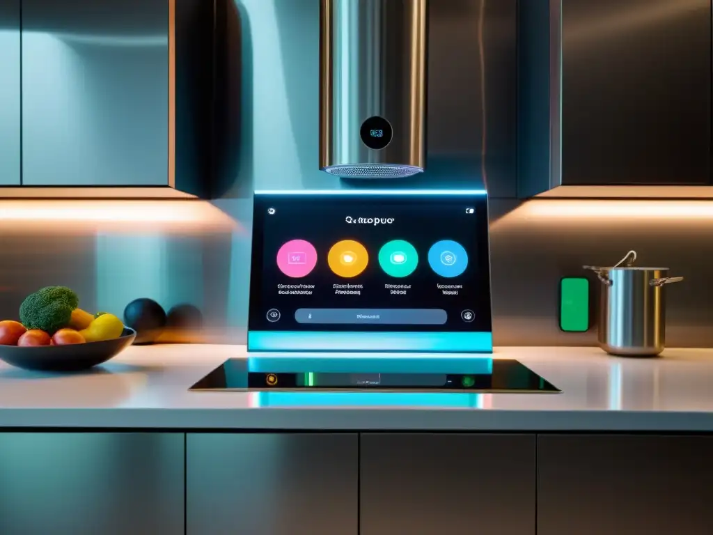 Cocina de alta tecnología con asistente inteligente integrado Una cocina moderna con asistente inteligente integrado en la encimera, proyectando interfaz holográfica de recetas