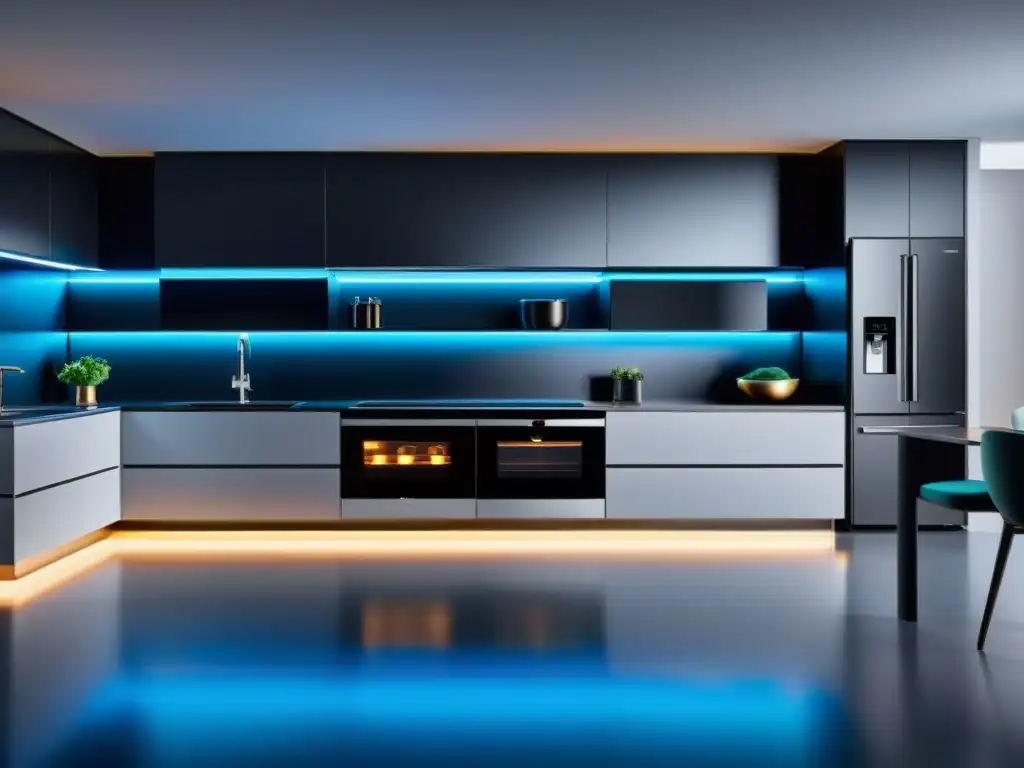 Cocina futurista con electrodomésticos de alta tecnología Una cocina moderna con asistentes domésticos virtuales en tecnología, integrados con electrodomésticos futuristas y sofisticados