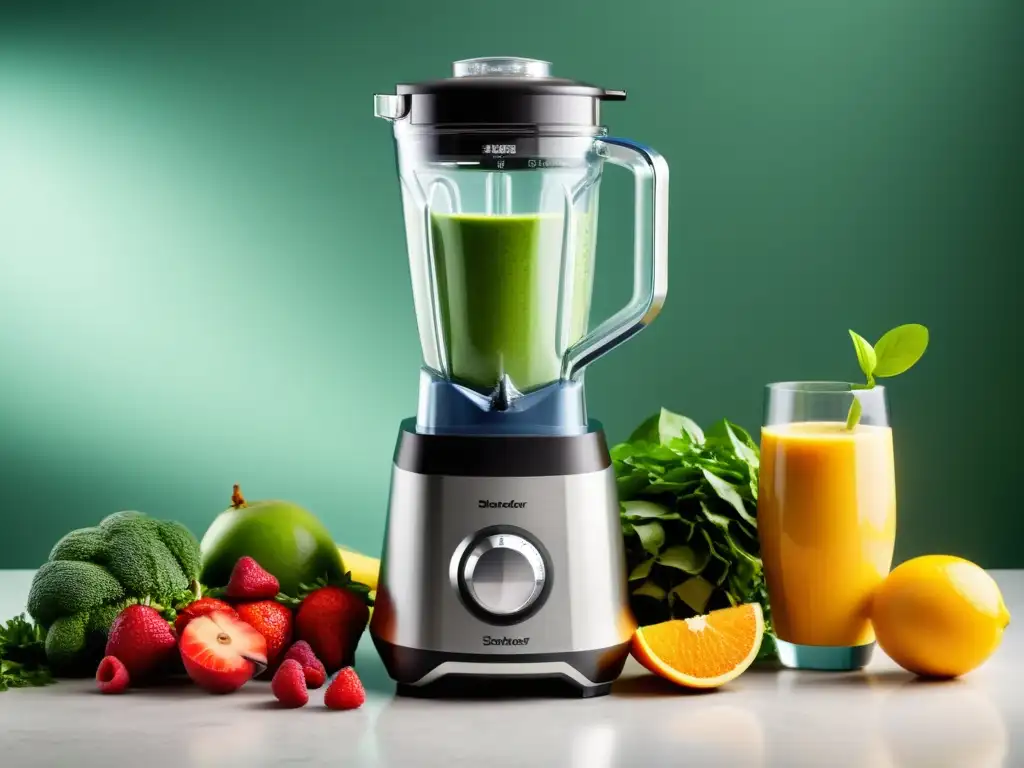 Una cocina moderna con batidora multifuncional rodeada de ingredientes frescos y vibrantes