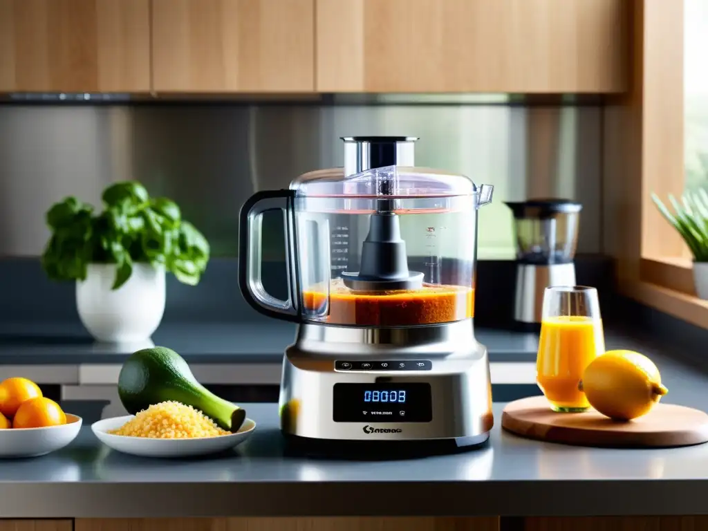 Cocina moderna con procesador de alimentos futurista en acción Una cocina moderna con batidoras procesadoras de alimentos futuristas en acción, creando una escena aspiracional y visualmente impresionante