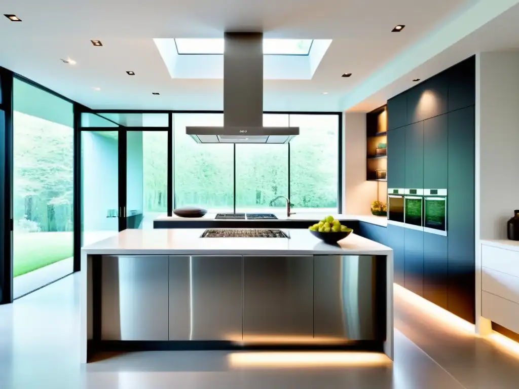Cocina moderna con campana extractora integrada en gabinetes Una cocina moderna con campana extractora potente y silenciosa integrada en los gabinetes