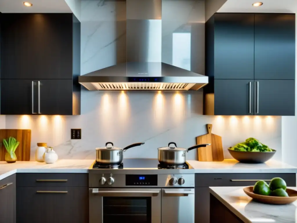 Cocina moderna con campana de acero inoxidable iluminada Una cocina moderna con campana extractora de acero inoxidable iluminada