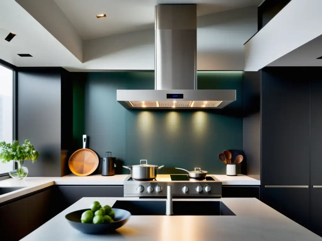 Campana extractora de acero inoxidable: diseño moderno y eficiente Una cocina moderna con campana extractora de acero inoxidable suspendida sobre una placa de cocina de vanguardia