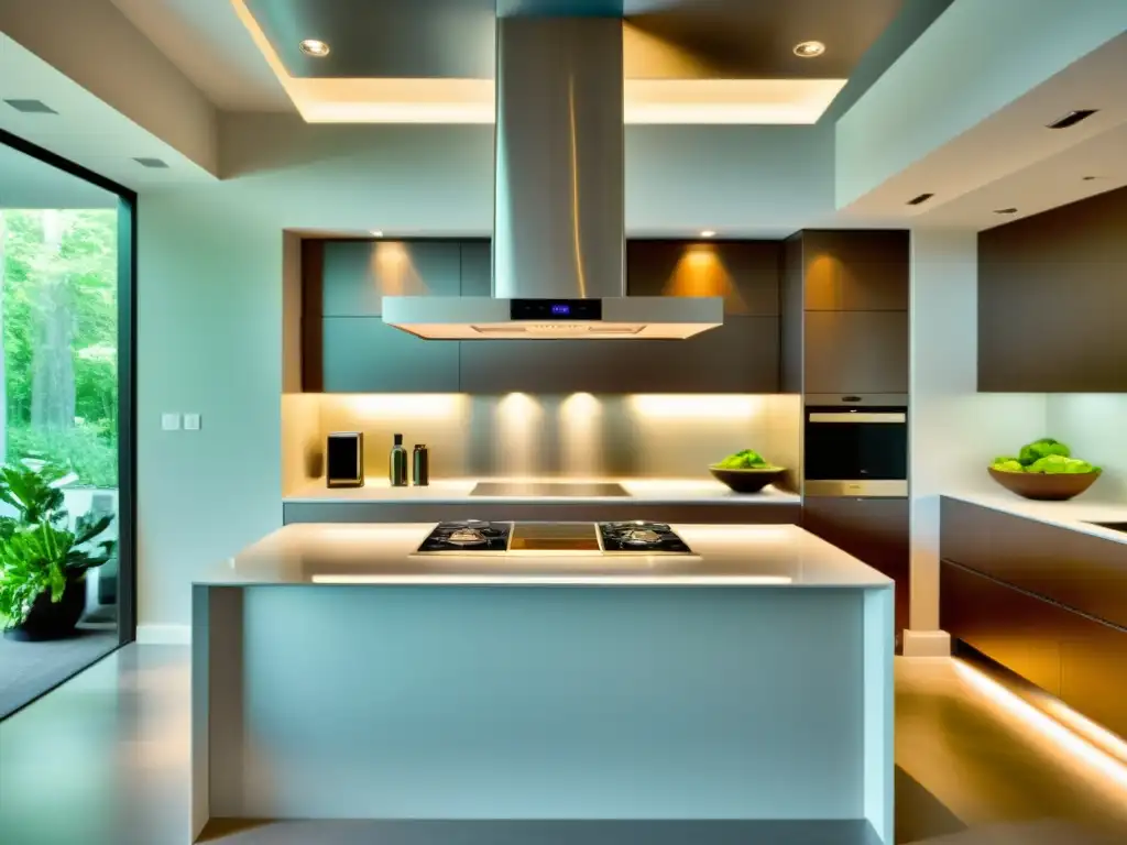 Cocina moderna con campana de acero inoxidable y tecnología de punta Una cocina moderna con campana extractora de acero inoxidable, iluminación LED y sensación de eficiencia