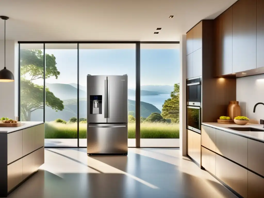 Cocina inteligente 5G: tecnología y calidez Una cocina moderna conectada a 5G, con electrodomésticos inteligentes y una atmósfera acogedora