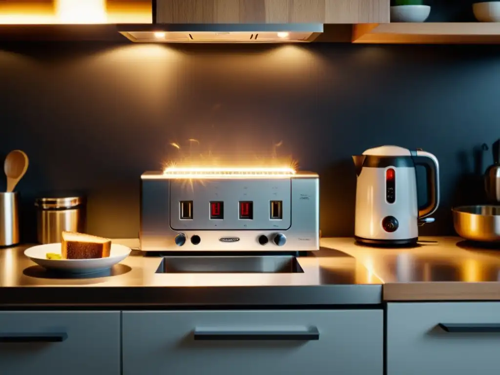 Caos eléctrico en la cocina moderna: chispas y humo Una cocina moderna con cortocircuito en enchufe, electrodomésticos conectados