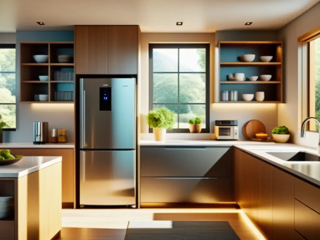 Cocina moderna y ecológica con electrodomésticos eficientes Una cocina moderna y ecoamigable con electrodomésticos eficientes y organizados en la encimera de granito