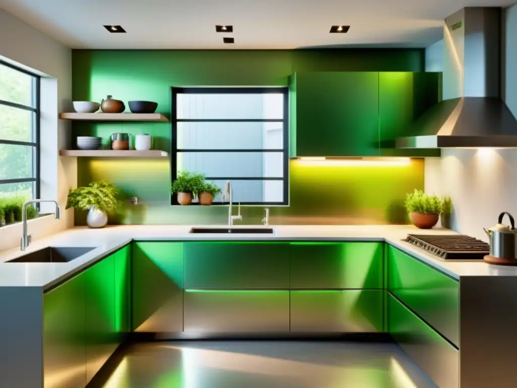 Una cocina moderna y ecológica con electrodomésticos ecofriendly para cocina, mostrando un ambiente sostenible y vibrante