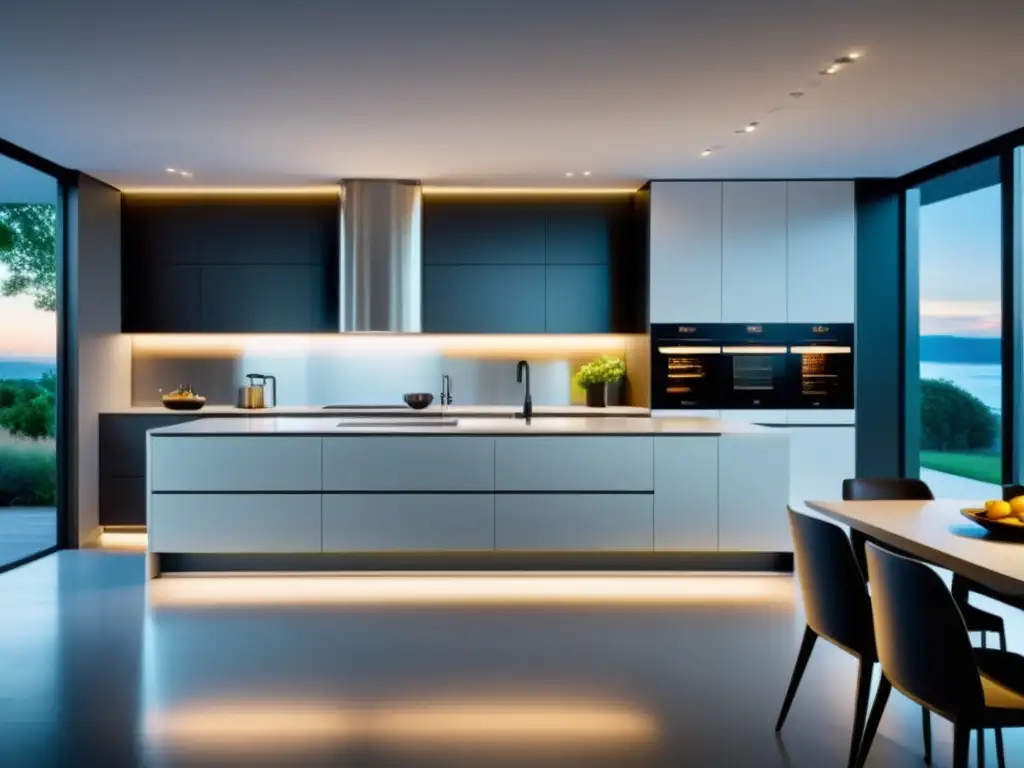 Cocina moderna y eficiente con electrodomésticos de acero inoxidable Una cocina moderna y eficiente con electrodomésticos de acero inoxidable, iluminación LED suave y diseño minimalista