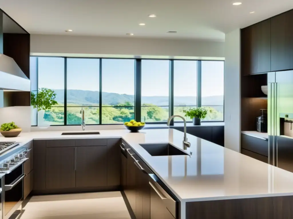 Cocina moderna y ecológica con electrodomésticos eficientes Una cocina moderna y eficiente con electrodomésticos de alta eficiencia energética, bañada por luz natural