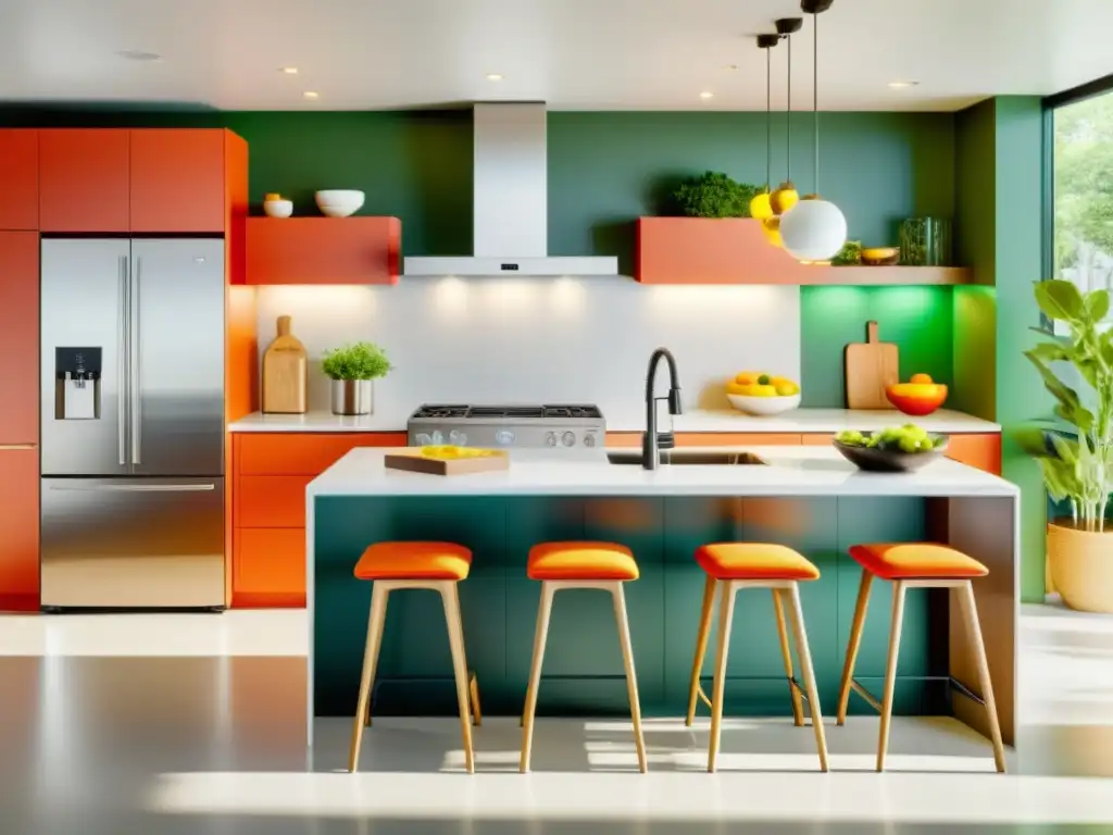 Cocina moderna: electrodomésticos eficientes y conexión con la naturaleza Una cocina moderna y eficiente con electrodomésticos ecoamigables y efecto de programas ecológicos, iluminación cálida y conexión con la naturaleza