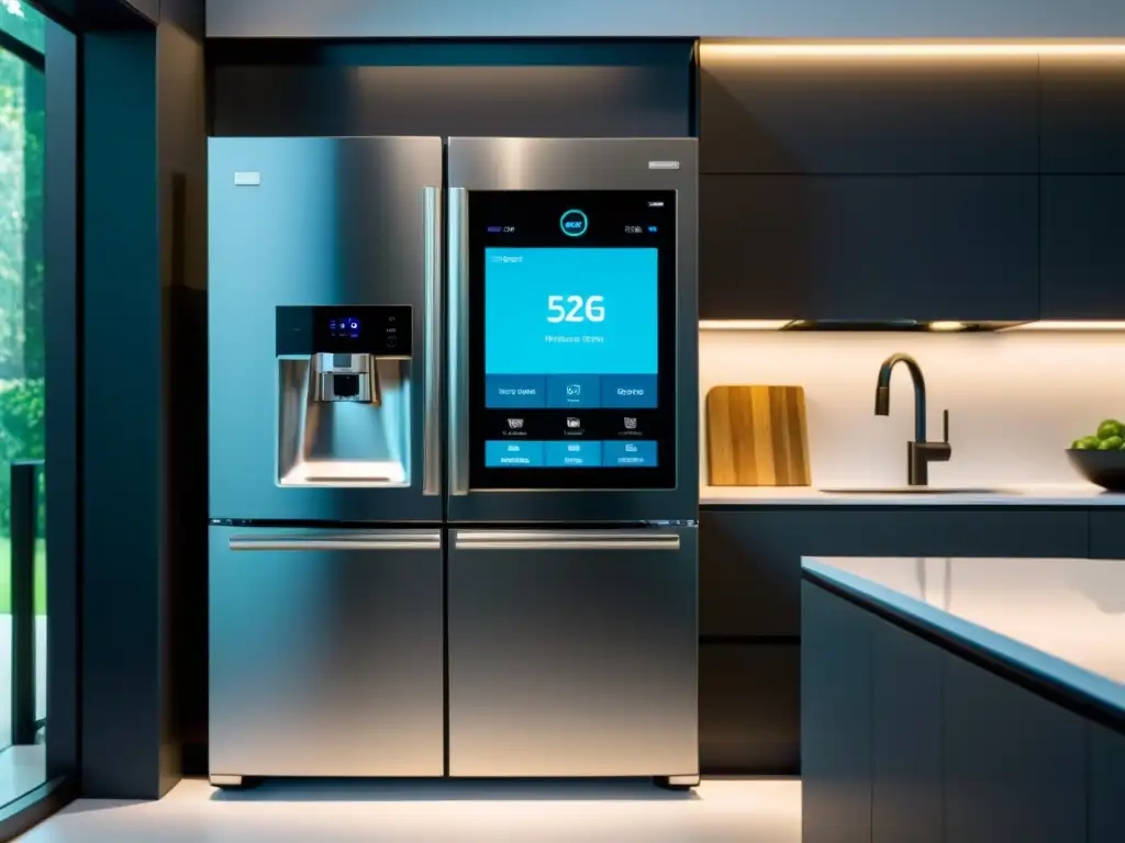 Cocina inteligente 5G: eficiencia y comodidad futuristas Una cocina moderna y eficiente con electrodomésticos 5G integrados en un hogar inteligente