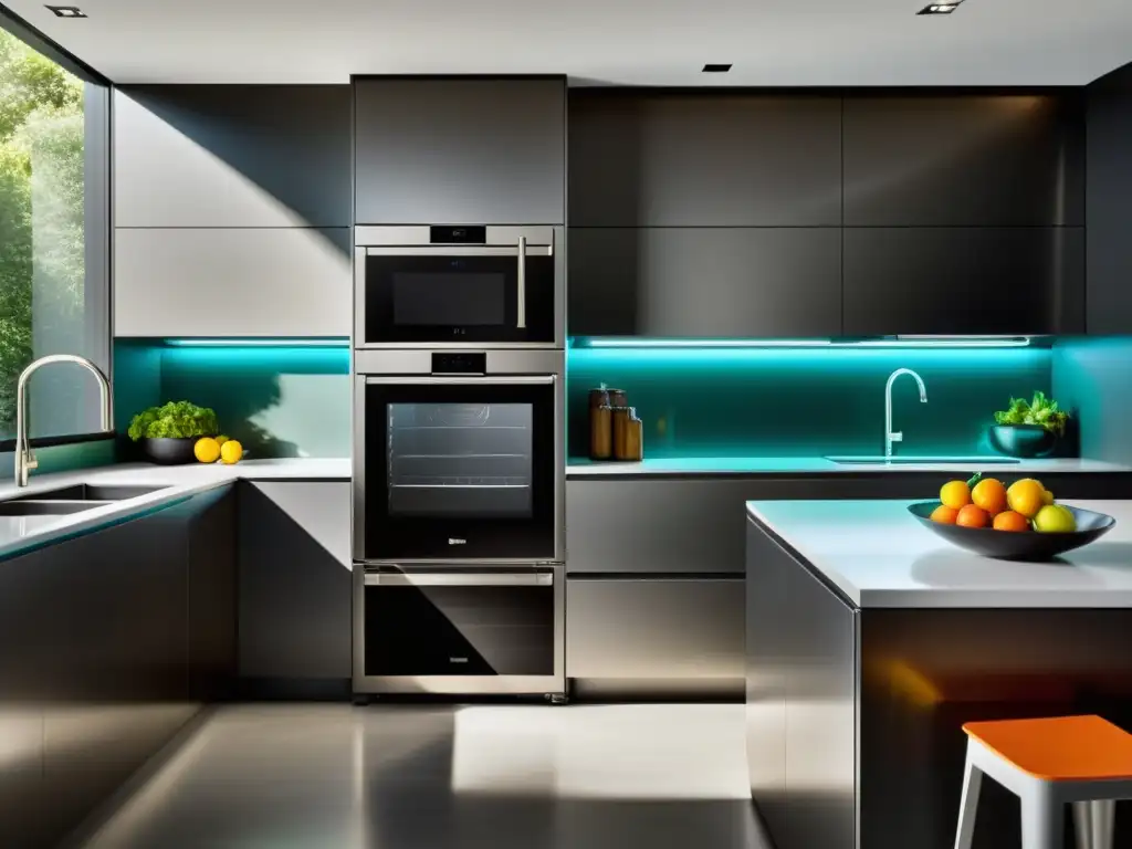 Cocina moderna y sostenible: electrodomésticos eficientes en acción Una cocina moderna y eficiente con electrodomésticos de etiqueta energética visible, mostrando sofisticación y sostenibilidad