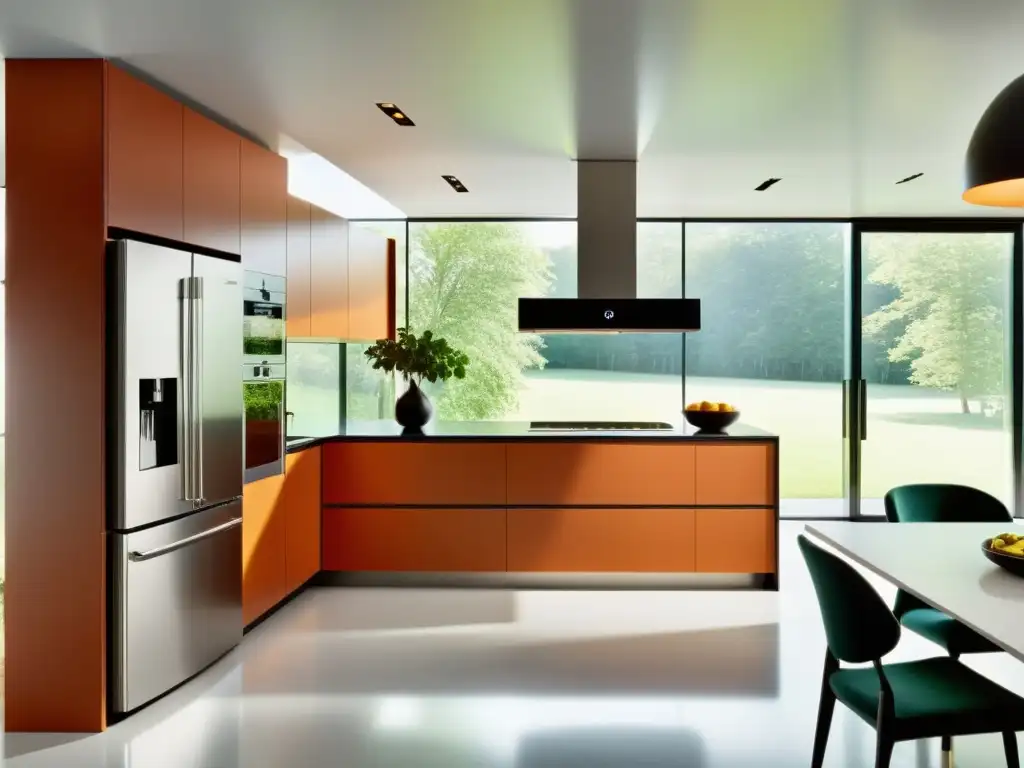 Una cocina moderna y eficiente, llena de electrodomésticos de alta tecnología y diseño elegante, iluminados por luz natural