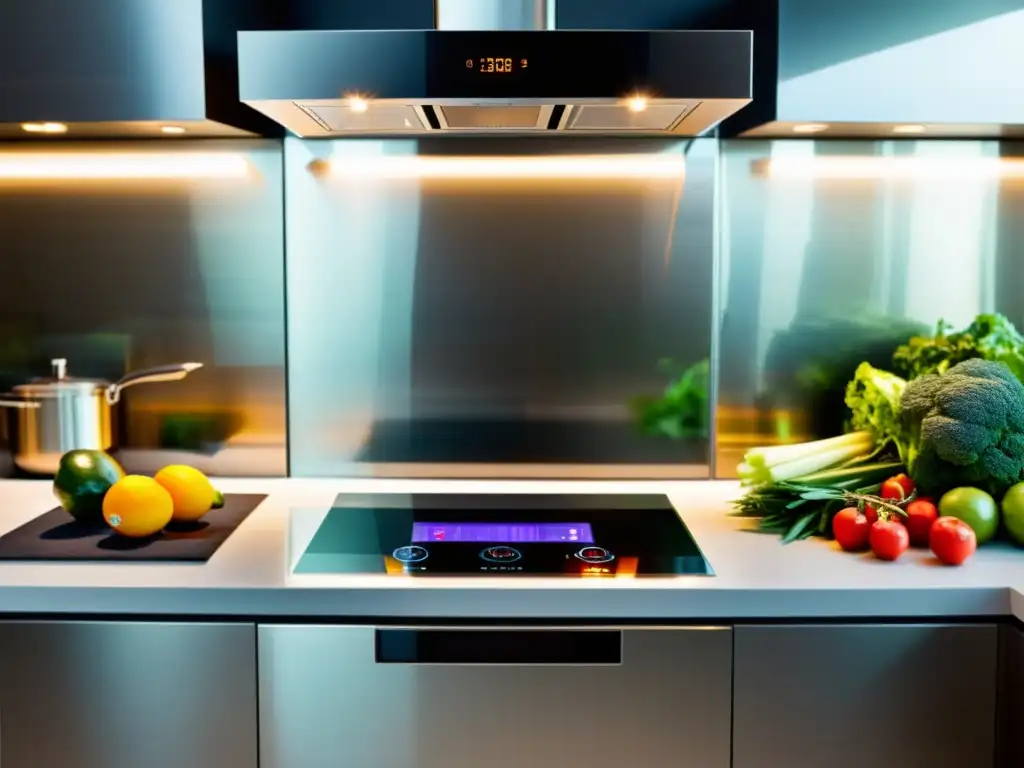 Una cocina moderna con un electrodoméstico multifuncional integrado en la encimera, rodeado de alimentos frescos y utensilios de cocina