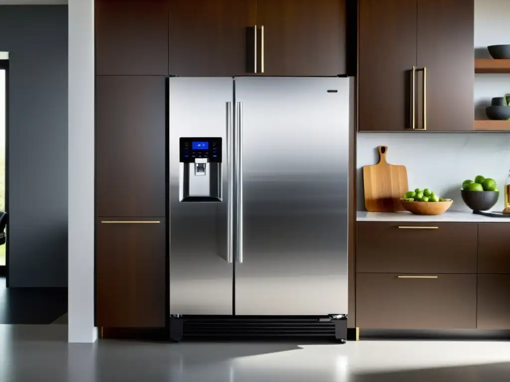 Refrigerador accesible y cocina moderna Una cocina moderna con electrodomésticos accesibles para todos, incluyendo un refrigerador ergonómico y ajustable