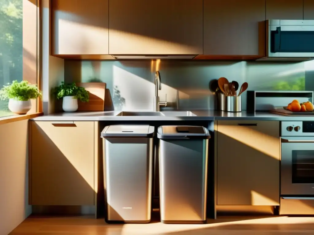 Una cocina moderna con electrodomésticos de acero inoxidable y un enfoque en la gestión de residuos con un contenedor de reciclaje y un compostero