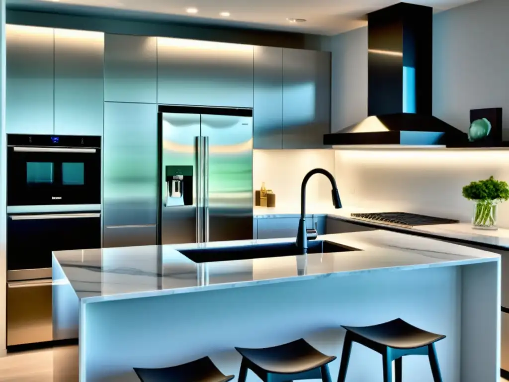 Cocina moderna: electrodomésticos de acero inoxidable y encimera de mármol Una cocina moderna con electrodomésticos de acero inoxidable de última generación y luces suaves bajo gabinetes
