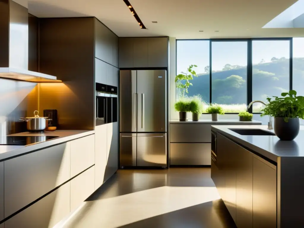 Cocina moderna con electrodomésticos ecofriendly y energía solar Una cocina moderna con electrodomésticos de acero inoxidable alimentados por paneles solares, iluminada por luz natural, y con un diseño ecológico y minimalista que muestra los beneficios de paneles solares para electrodomésticos