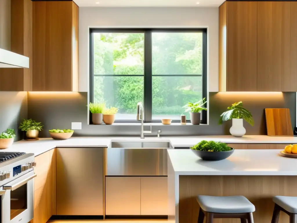 Cocina moderna y ecológica con electrodomésticos de acero inoxidable y diseño sostenible Una cocina moderna con electrodomésticos de acero inoxidable, enfocada en efectos regulaciones medioambientales con diseño sostenible y ecofriendly