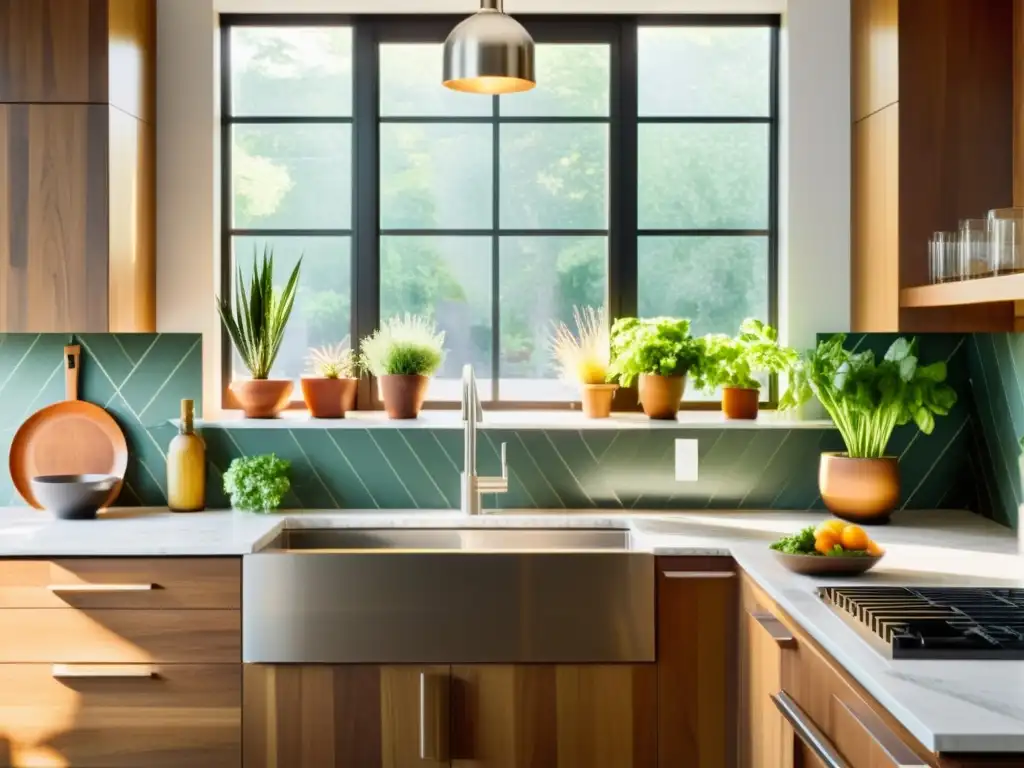 Cocina moderna con electrodomésticos de acero inoxidable y cálidos tonos terrosos Una cocina moderna con electrodomésticos de acero inoxidable que combinan con la decoración interior de tonos cálidos y naturales