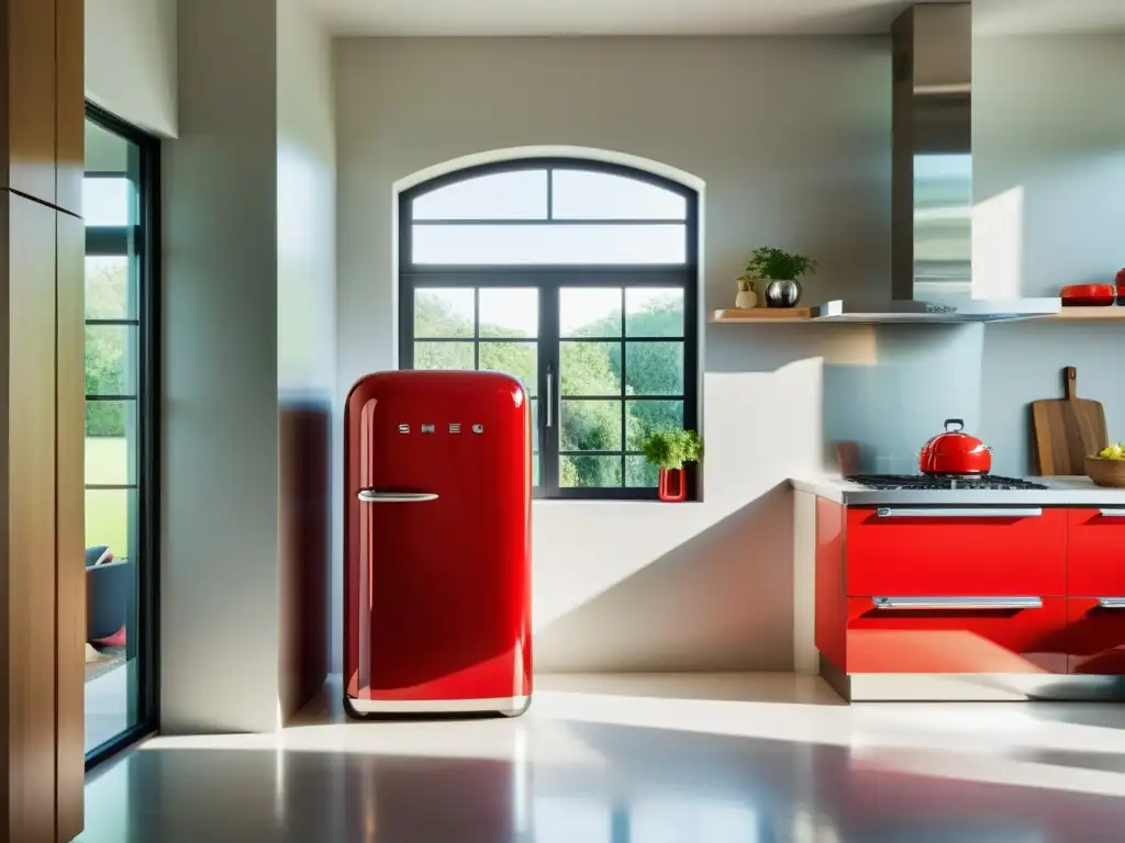 Cocina moderna con refrigerador SMEG rojo vibrante Una cocina moderna con electrodomésticos de acero inoxidable y un toque de estilo retro en forma de una nevera SMEG roja vibrante