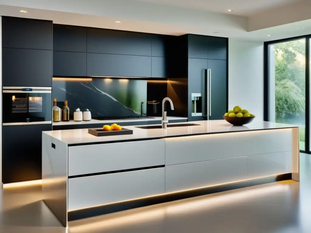 Una cocina moderna con electrodomésticos de acero inoxidable integrados en gabinetes blancos minimalistas