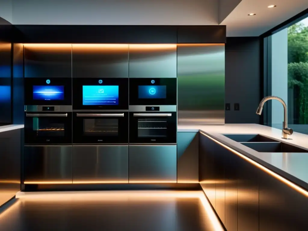 Una cocina moderna con electrodomésticos de acero inoxidable y interfaces táctiles futuristas