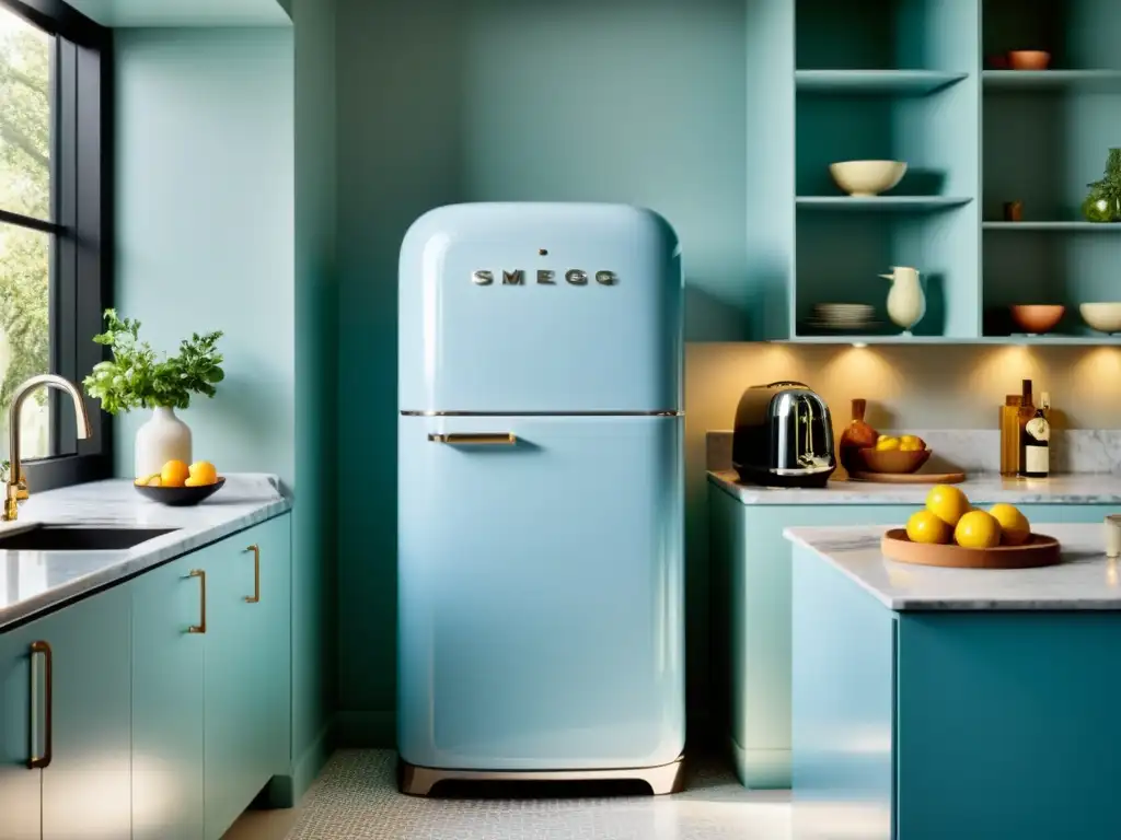Cocina moderna con refrigerador vintage SMEG en azul pastel Una cocina moderna con electrodomésticos de acero inoxidable y encimeras de mármol, resalta una nevera vintage SMEG en azul pastel, creando un contraste entre estilos modernos y vintage