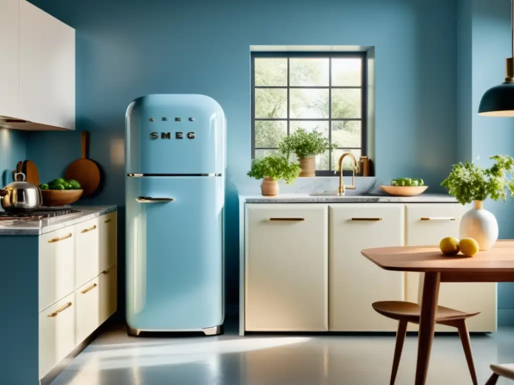 Cocina moderna con nevera Smeg vintage en azul pastel Una cocina moderna con electrodomésticos de acero inoxidable y una nevera Smeg vintage en azul pastel, rodeada de gabinetes blancos y encimeras de mármol