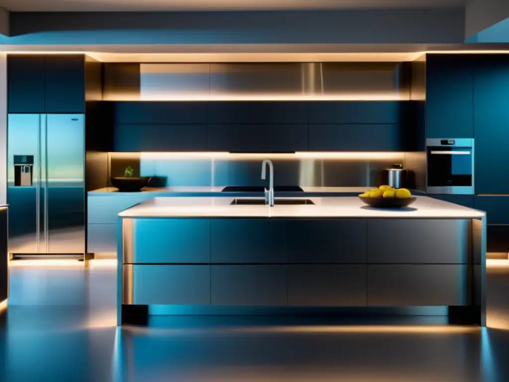 Cocina moderna futurista con iluminación ambiental suave Una cocina moderna con electrodomésticos de acero inoxidable y texturas innovadoras en encimeras y gabinetes