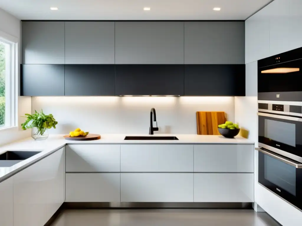 Cocina moderna y minimalista con electrodomésticos de acero inoxidable Una cocina moderna con electrodomésticos de acero inoxidable integrados en gabinetes blancos minimalistas